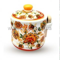 Банка для мёда с деревянной ложкой, керамика, S&T, в подарочной упаковке - 420мл Цветочная роспись, 2370-16
