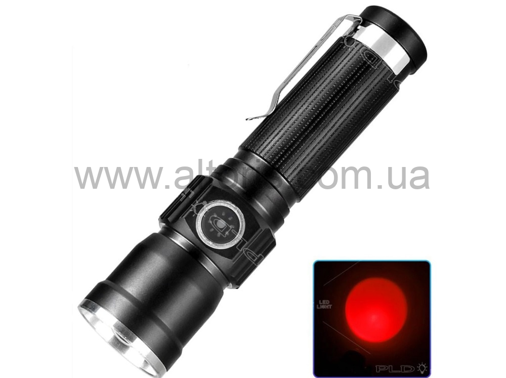 Фонарь карманный Poliсe - PLD-1812-T6 (Red), 1x18650, індикація заряду, ЗП Type-C, zoom, Box
