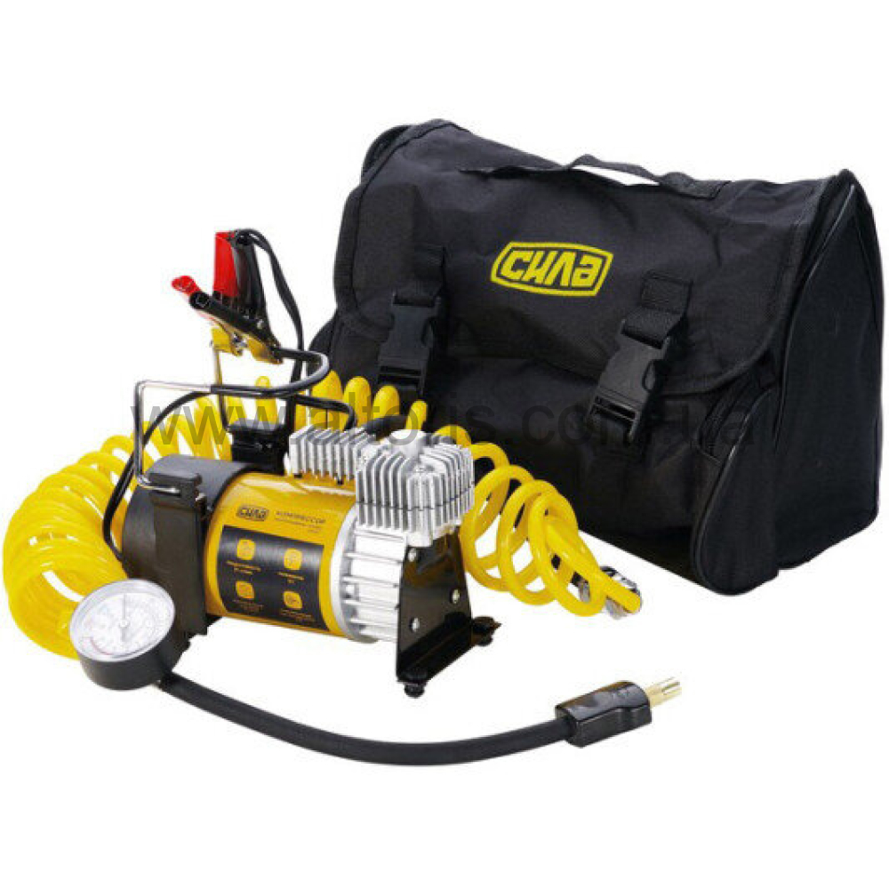 компрессор автомобильный СИЛА - однопоршневой УСИЛЕННЫЙ 37 л/мин. 10 Атм. Клеммы АКБ. (витой шланг 5м, клеммы АКБ)