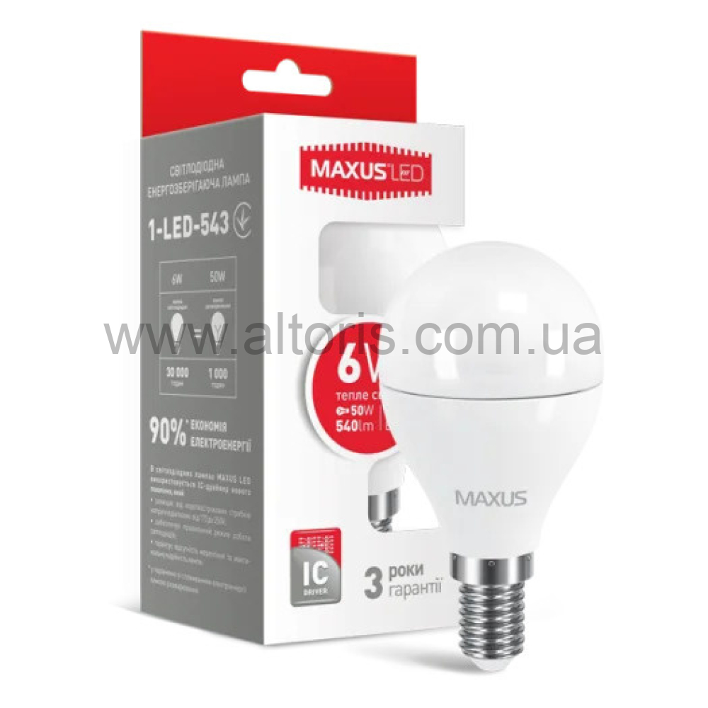 лампа LED MAXUS - G45 6W 3000К E14