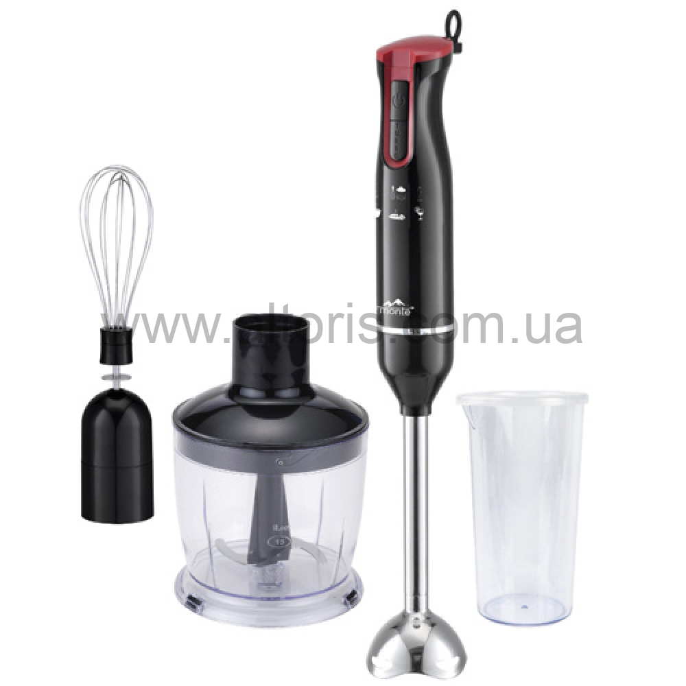 блендер MONTE - 700Вт/3 в1/нога нерж.сталь/миксер,измельчитель  MT-1905 черный/красный