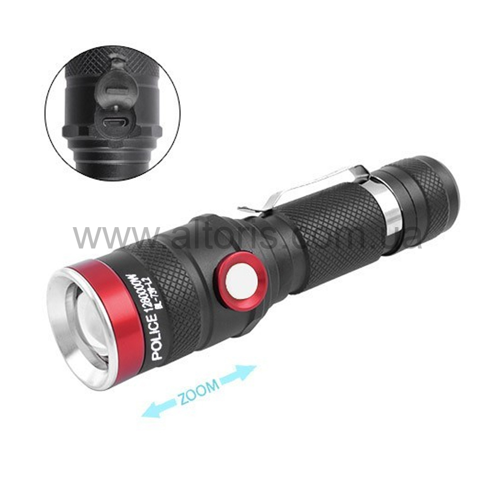 Фонарь карманный Poliсe - 739-L2, 1х18650, зажим, zoom, ЗУ microUSB, Box
