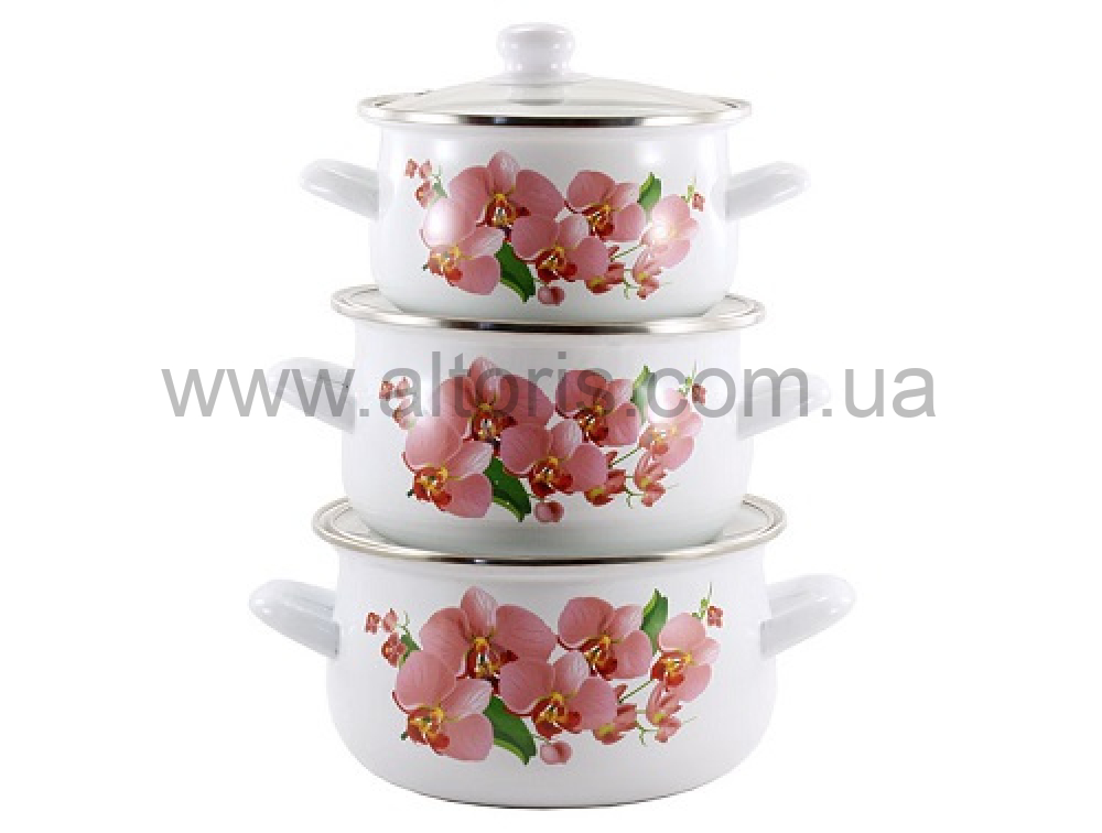 набор посуды Zauberg эмаль - 2л/3л/3,5л, Розовая орхидея, 1W